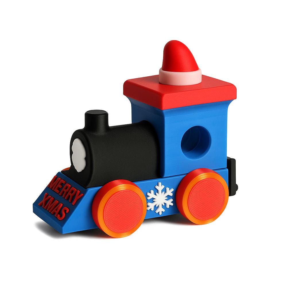 Christmas Train suitable for display and gentle play, Xmas Train. Father Christmas on his chair, Christmas Tree, Snow man, Santa, trees, Toy