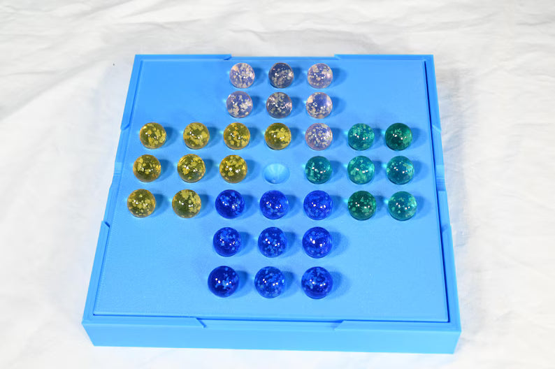 Solitaire game, marble game for one person. Board game for one complete in its own storage box