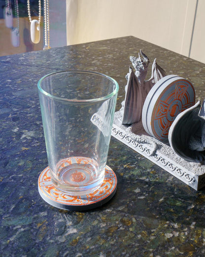 Dragon Drink Coasters complete with 2 dragons designed to hold them. Fun coasters for dungeon and dragons fans.