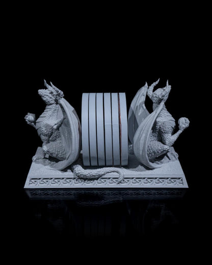 Dragon Drink Coasters complete with 2 dragons designed to hold them. Fun coasters for dungeon and dragons fans.