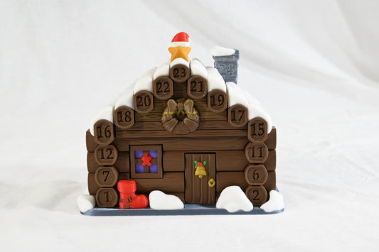 Santa's cabin advent calendar. Count down the days by building Santa's house. North Pole cabin