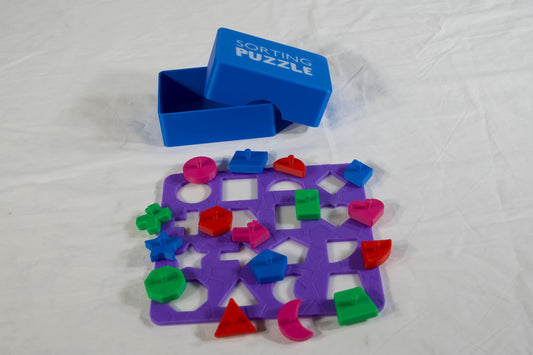Sorting shape puzzle game, early learning, montessori, learn shapes and fine motor skills. Complete with storage box. Colorful and fun